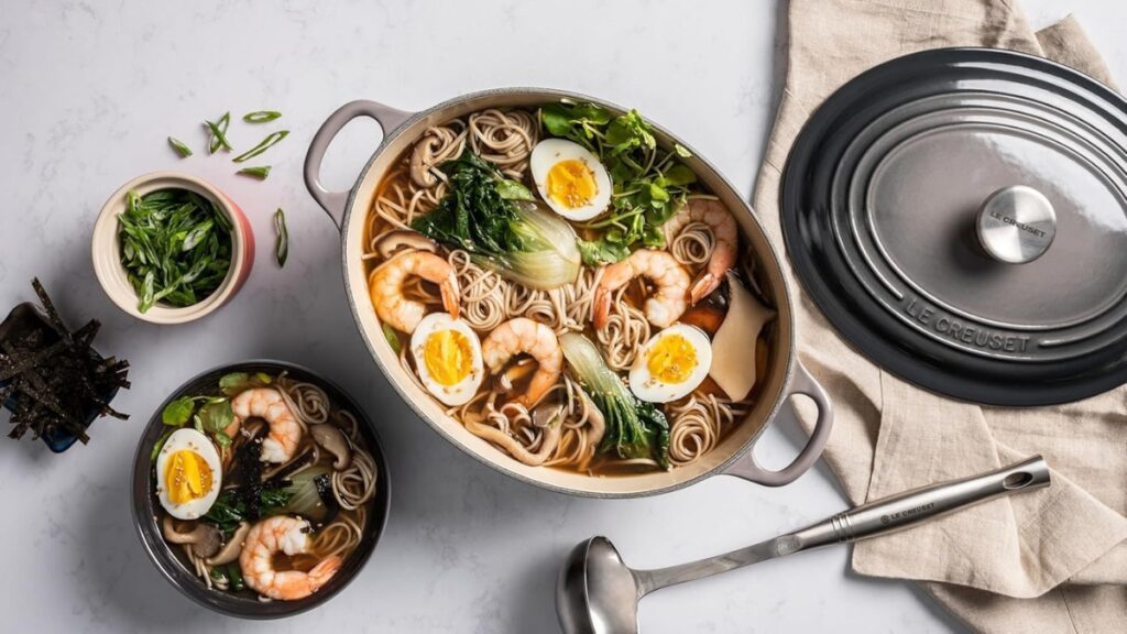 Le Creuset Dutch oven filled with shrimp ramen, bok choy, soft-boiled eggs, and noodles on a marble countertop with a serving bowl, chopped green onions, and a ladle beside it.
